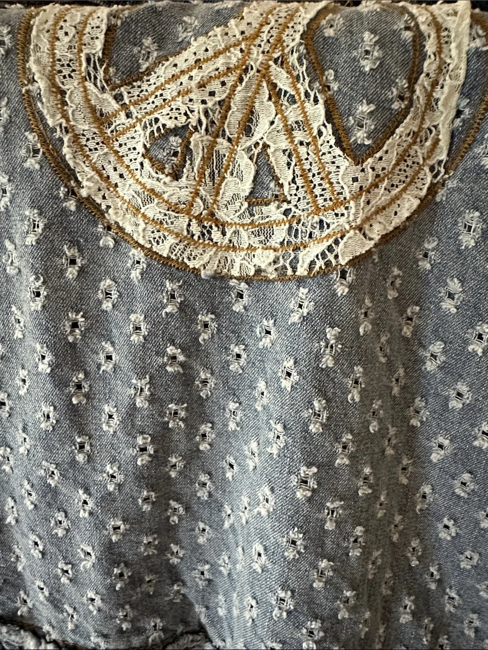 POL Blue Denim-Print Lace-Trim Kimono Coverup